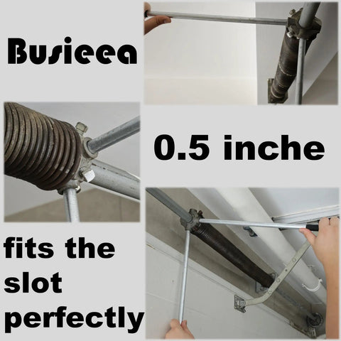 Four Pack Sixteen Inch Garage Door Winding Rods For Torsion Springs with half inch steel and rubber handle in use
