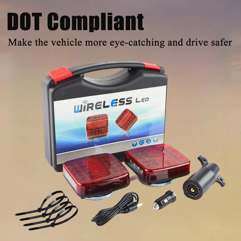 Magnetic wireless LED trailer taillight kit with two red lamps in a black carrying case (front view).