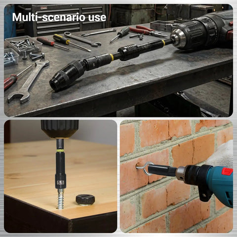 Collage of 55 Piece Magnetic Impact Nut Driver Set With SAE And Metric Bits in use on various materials and projects.