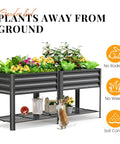 Beefy Raised Garden Bed On Legs With Storage Shelf, Galvanized Elevated Planter Box For Backyard, Patio Or Balcony, 600 Lb Capacity, Deep 11.8 Inch Bed, Dark Grey, 70.9 By 22.8 By 31.5 Inches with plants and garden tools on shelf.