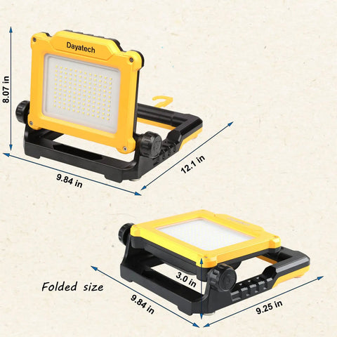 Cordless LED Work Light Compatible With Dewalt And Milwaukee 18V 20V Batteries, foldable magnetic base dimensions shown