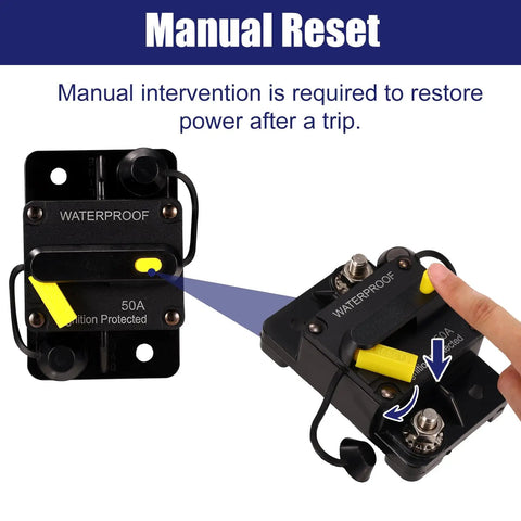Heavy Duty 50 Amp Marine Circuit Breaker For Minn Kota Trolling Motor highlighting manual reset feature and waterproof design.