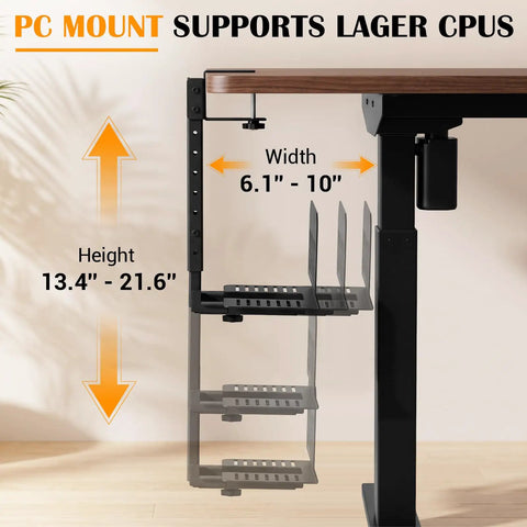 Big Time Space Saver Heavy Duty Clamp Under Computer Tower Stand Adjusts To Cpu Cases Fast No Fuss Install showing height and width specifications.