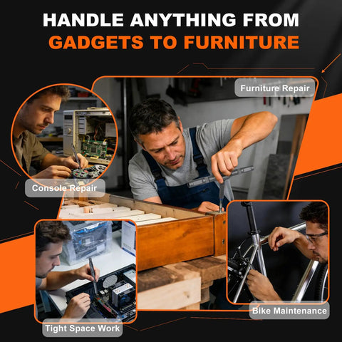 Men using 42 In 1 Magnetic Screwdriver Set With Quick Ratcheting Handle S2 Steel Bits for furniture, bike, and electronics repairs.