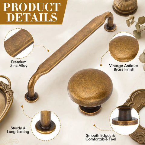 Antique Brass Cabinet Hardware Set 15 Piece With 5 Inch Hole Center 5 Drawer Pulls And 10 Knobs Zinc Alloy Vintage Retro