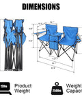 Dimensions and features of Folding Double Camping Chair With Detachable Umbrella Ice Bag Cup Holder Built In Cooler Bag.