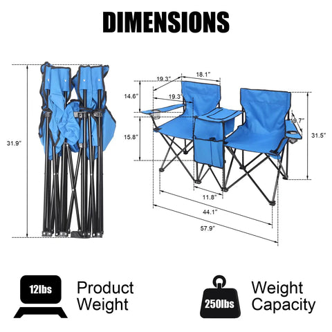 Dimensions and features of Folding Double Camping Chair With Detachable Umbrella Ice Bag Cup Holder Built In Cooler Bag.