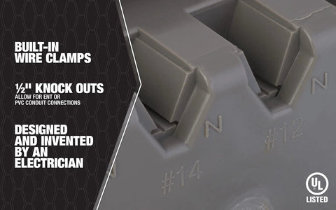 Beefy 5 Gang Multi Mount Device Box With Depth Adjustable For Horizontal And Vertical Installations, Heavy Duty 42lb Gray, Removable Nail Tabs For Metal Stud Mounting, Top Blocks For Secure Vertical Placement, Interior Mounting Blocks, gray multi-gang box with built-in wire clamps