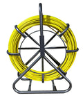 Fiberglass Fish Tape Pro Duct Rodder With Heavy Duty Cable Puller and durable steel stand for wire installation in conduits walls and floors.