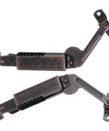 Heavy Duty Spring Lid Stay Hinges With Sweet Antique Red Iron Finish Tough As Nails Cabinet Hardware, dual angle view.