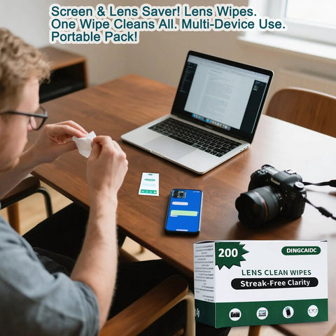 Lens cleaning wipes box, 200-count, green and white packaging, on desk with laptop, camera, and smartphone