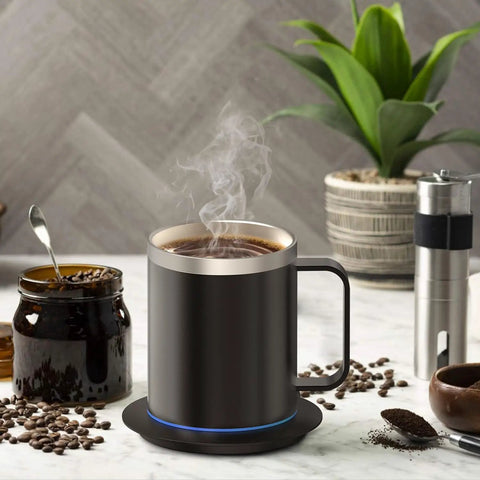Ditch Lukewarm Sludge With This Smart Usb Heated Coffee Mug Using Precise Temperature Control And Heavy Duty Stainless Steel Build Plus Power Base And Leakproof Lid To Keep Your Daily Grind Piping Hot, featuring steaming coffee.