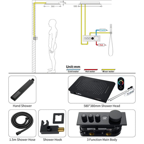 Upgrade Your Daily Routine With This Sweet Thermostatic Rain Shower Set Featuring Built In Speaker And Cool Led Display Anti Scale Silicone Nozzles Plus Super Easy Wipe Clean Bath Setup, showing system layout and components.