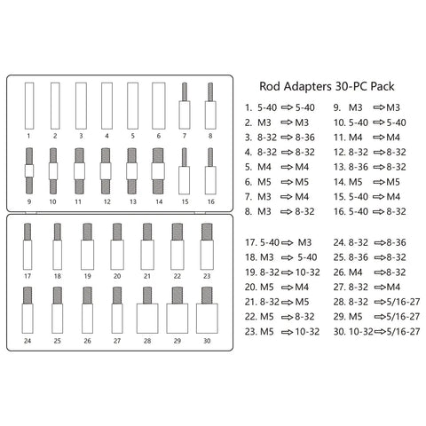 Solid Thirty Piece Gun Cleaning Rod Fitting Adapters With Hella Compatible Threads Slick Male To Female Thread Converters visual diagram