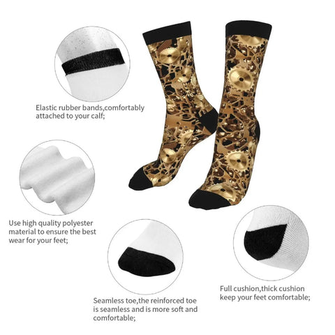 Clockwork Gearhead Engineer Crew Socks For Men And Women with brass cogs, close-up view of elastic band and reinforced toe