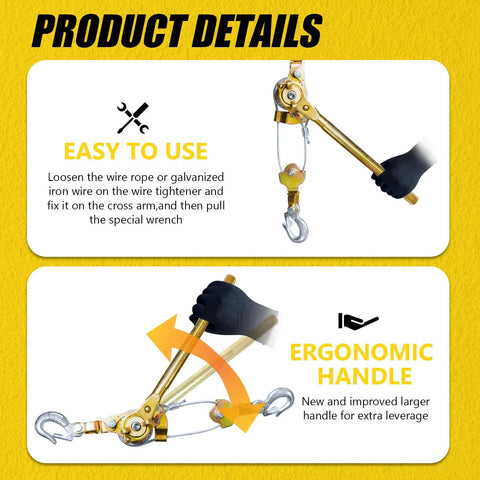 Come Along Winch Puller 3T, 10ft wire rope with two hooks; heavy-duty hoist with ergonomic handle