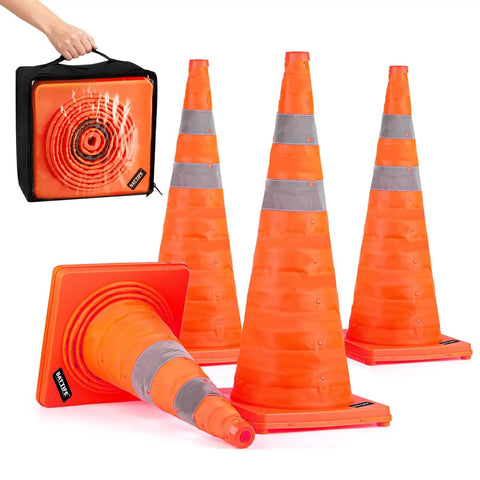 Four Pack 28 Inch Collapsible Traffic Cones With Reflective Collar For Road Parking And Driving Practice, pop up safety markers