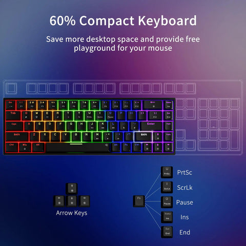 Compact 60 Percent Wired Mechanical Gaming Keyboard With 68 Keys And Separate Arrow Layout on colorful background.