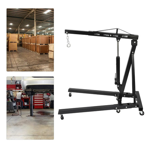 Heavy Duty 2 Ton Engine Hoist And Folding Hydraulic Shop Rig, 4400 Lbs Carbon Steel garage lift on rolling wheels.