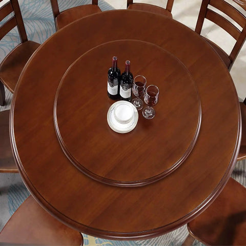 Premium Heavy Duty Lazy Susan Rotating Turntable Serving Tray For Kitchen Counters And Backyard Bashes, shown on wooden table with bottles and glasses.