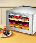 Professional Stainless Steel 5 Tray Food Dehydrator With Smart Touch Panel And Precise Heat Controls Using Horizontal Airflow To Dry Fruits Vegetables Herbs And Homemade Jerky As A Hella Top Shelf Win showing colorful fruits drying inside.