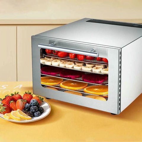 Professional Stainless Steel 5 Tray Food Dehydrator With Smart Touch Panel And Precise Heat Controls Using Horizontal Airflow To Dry Fruits Vegetables Herbs And Homemade Jerky As A Hella Top Shelf Win showing colorful fruits drying inside.