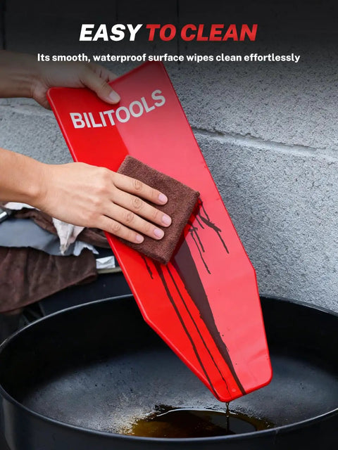 Person cleaning red steel funnel in a Spill Free Oil Change Kit With Steel Funnel, 14.6 Inch And 26.2 Inch Hoses, Reusable Flexible Funnel.