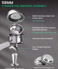 Detailed view of 58mm brewing assembly with stainless steel portafilter and tamper on All-In-One 58mm Espresso Machine With Built-In Grinder And Milk Steam Wand, 15 Bar, Stainless Steel, Anti-Static Grinder, Barista-Grade Home Cafe Cappuccino And Latte Maker, 2026 Upgraded.
