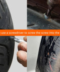 Heavy Duty Screw Tire Repair Kit With Forty Pre Coated Rubber Plugs seals punctures with a screwdriver in a tire showing repair process.