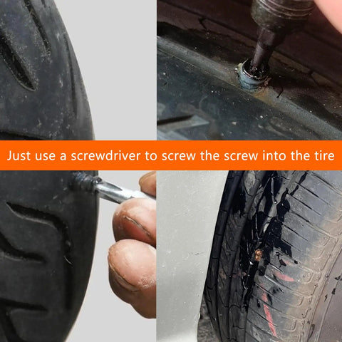 Heavy Duty Screw Tire Repair Kit With Forty Pre Coated Rubber Plugs seals punctures with a screwdriver in a tire showing repair process.