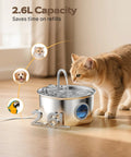 Stainless Steel Cat Water Fountain 88oz 2.6L Quiet Indoor Pet Water Dispenser for cats and small animals, cat drinking from bowl
