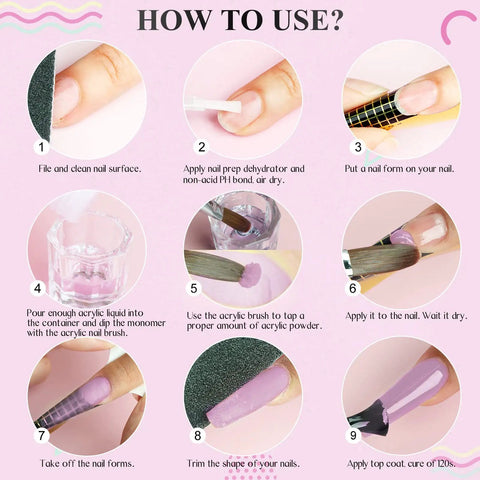 Beginner Friendly Acrylic Nail Starter Kit With Clear Pink Nude Powder And Monomer Liquid, step-by-step nail application guide.