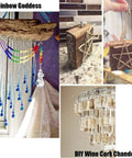 Rainbow Goddess DIY crafts, featuring a wine cork chandelier and a wooden star ornament, showcasing vibrant beads and wine corks.