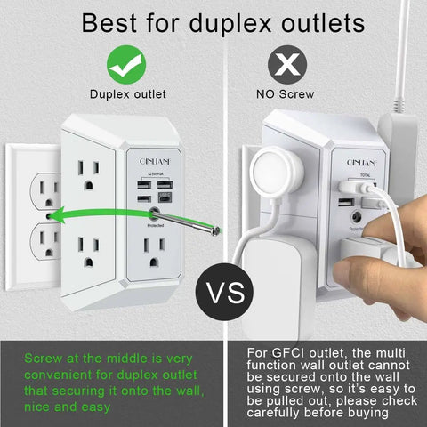 Wall Charger And Surge Protector Outlet Extender Featuring Five AC Outlets Plus Four Fast USB Ports Designed To Fit Standard Duplex Sockets space saving design compared to unsecured outlets.