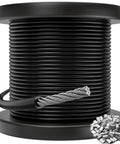 Black Vinyl Coated Cable, 304 Stainless Steel Wire Rope 1/16 In Overmolded To 3/32 In spool with sleeves, weatherproof 100 ft