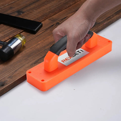 Laminate Wood Flooring Installation Kit With Tapping Block And Handle Pull Bar Double Faced Mallet And Spacers Plus LVP Vinyl Flooring Tools For Easy DIY Flooring Installation shown in use on wood surface