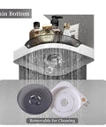 Super Sturdy Premium Three Tier Corner Shower Caddy With Slick 360 Spin Lazy Susan Tray And No Fuss Wall Mount For Game Changing Bathroom Dorm And Kitchen Storage In Classic White with removable drain.