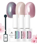 Cat Eye Magnetic Gel Nail Polish Kit With Holographic Glitter Quick Dry Formula For Easy Peel Off TPO Free And HEMA Free No Base Or Top Coat Needed Damage Free For Sensitive Nails At Home Salon Quality, showing three color bottles with magnet tool and floral accents