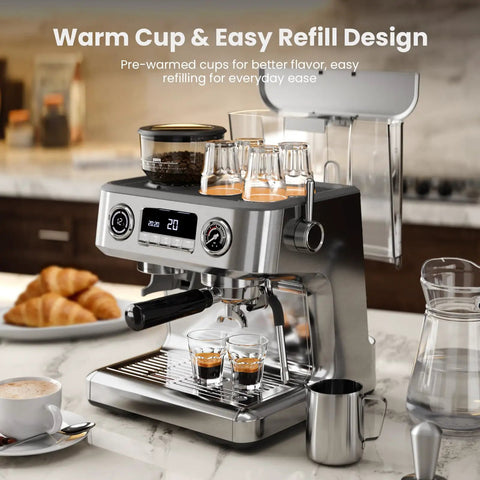 Professional Dual Boiler Espresso Machine With Integrated Grinder And Auto Milk Steamer Delivering Real Deal 20 Bar Pressure For Your Ultimate Daily Grind Setup on kitchen counter.