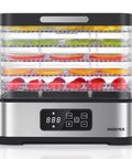 Totally Nifty Compact 5 Tier Food Dehydrator With Bpa Free Trays to Dry Sweet Fruits Crunchy Veggies Fresh Herbs And Tasty Homemade Jerky For Your Daily Kitchen Setup, seen from the front with digital panel and colorful trays.