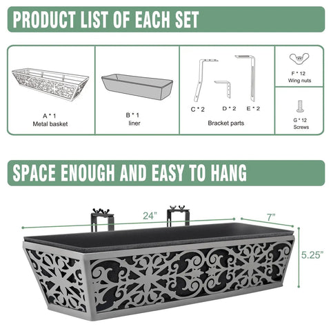 2 Pack 24 Inch Window Boxes Planter For Outdoor Plants With Adjustable Brackets For Porch Fence Balcony Hanging Flower Baskets Includes Non Woven Fabric Liner For Breathable Soil And Easy Water Retention Garden Decor, showing product dimensions and assembly parts.