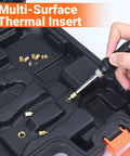 Heat Set Threaded Inserts Kit With 716 Pieces Including M2 M3 M4 M5 M6 Inserts, Nuts, Bolts, Washers And 60W Soldering Iron With Holder, 5 Tips, Maker Friendly For 3D Printer Parts And Plastic Projects, showing a soldering iron and inserts in a plastic case.