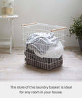 Tosca Style Laundry Basket With Wooden Handles, Lightweight Yet Sturdy Steel Frame And Wood Trim, ideal for home organization.