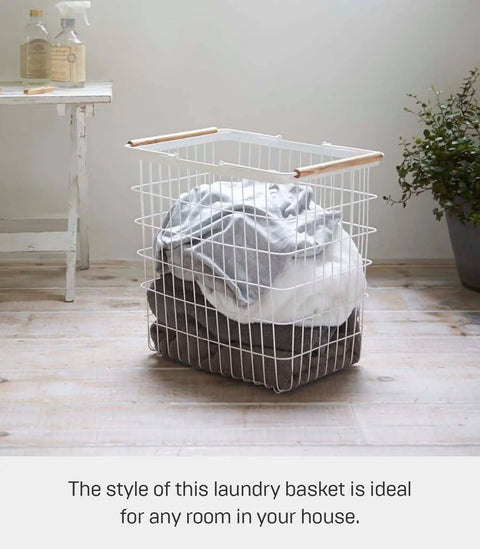 Tosca Style Laundry Basket With Wooden Handles, Lightweight Yet Sturdy Steel Frame And Wood Trim, ideal for home organization.