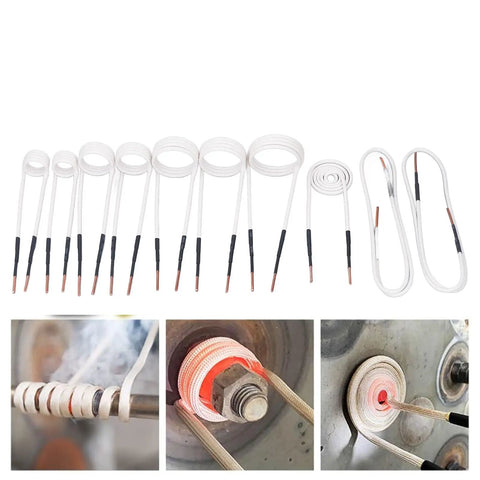 Heavy Duty 10 Piece Induction Heater Coils Kit With Thick Brass Core For Knocking Away Gnarly Rusted Nuts And Bolts Hella Tough Auto Mechanic Wrenching Gear displayed in various shapes with copper tips.
