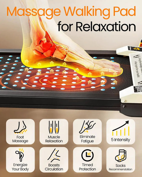 Illustration of a foot on the Dual-Sided Walking Pad Treadmill With Incline And Shiatsu Foot Massager, highlighting massage function.