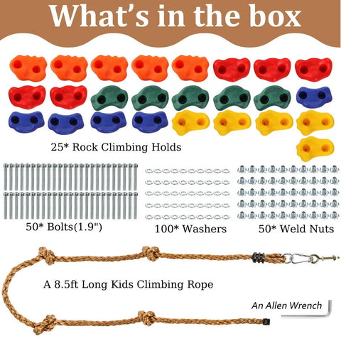 Gear Up And Crush Your Next Session With This Solid Rock Climbing Holds Kit Featuring Twenty Five Multi Colored Grips Paired With A Heavy Duty Knotted Rope Plus Full Mounting Hardware Ready For All Day Wall Workouts - Includes 25 grips, bolts, washers, weld nuts, rope, and wrench.