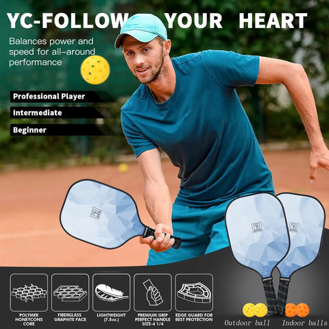 Man playing pickleball with Lightweight Fiberglass Pickleball Paddles Set Of 2 With Honeycomb Core And Grippy Handle For Superior Spin.