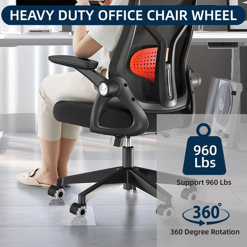 2 Inch Office Chair Wheels Set of 5 with Heavy Duty Rubber Caster Replacement for Quiet Rolling on Hardwood Floors and Carpet Universal Stem Fit 11x22 mm 99 Percent Chair Brands Grey, installed on office chair shown from side view with person seated.