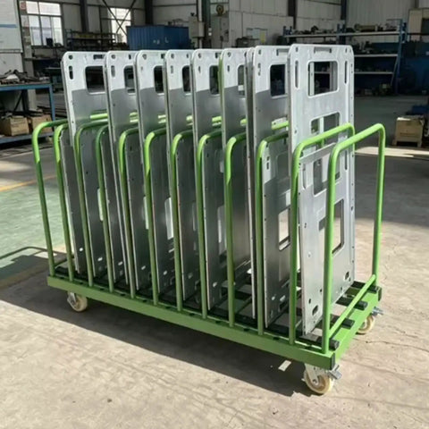 Rock Solid Shop Beast Steel Cart For Hauling Sheet Metal Plastic Glass And Wood Panels With Scratch Free Multi Slot Rack System And No Sweat Smooth Roll Wheels, holding stacked panels securely.
